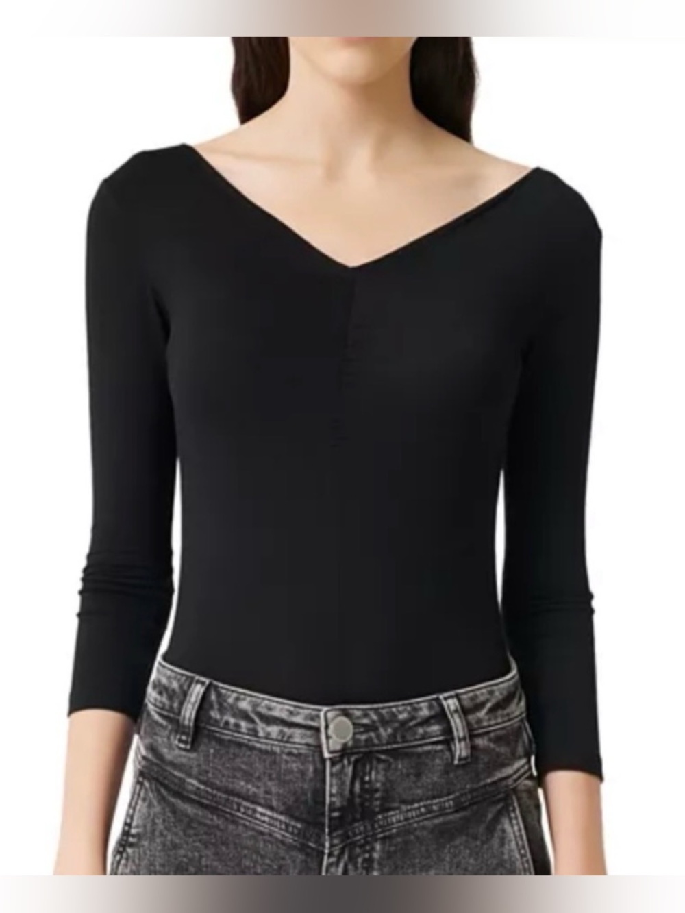 NEW Maje Topia Black V-Neck Long Sleeve Bodysuit 3 / Large